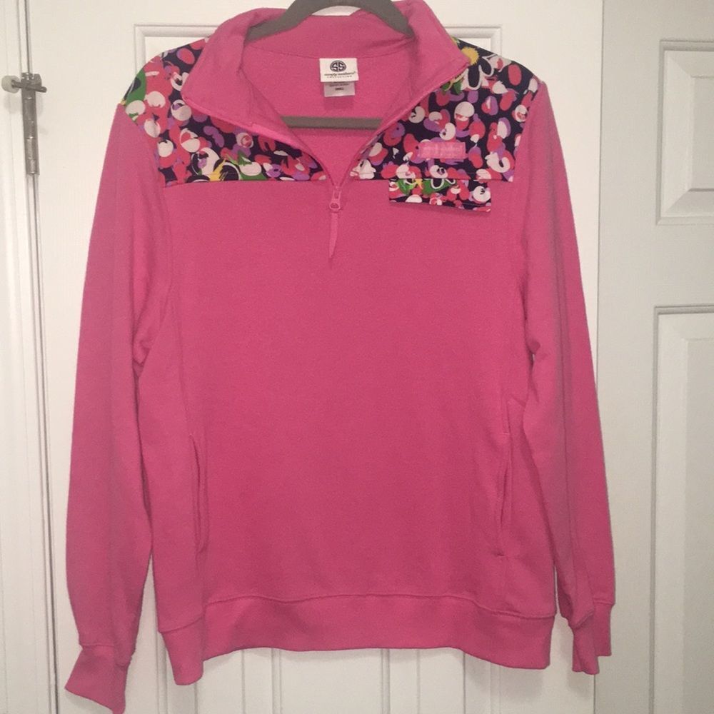 Simply Southern Pink Floral Quarter-Zip Pullover Fleece Sweatshirt Size Small